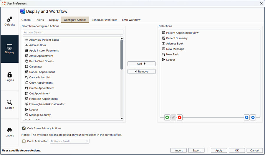 Configure Actions Tab