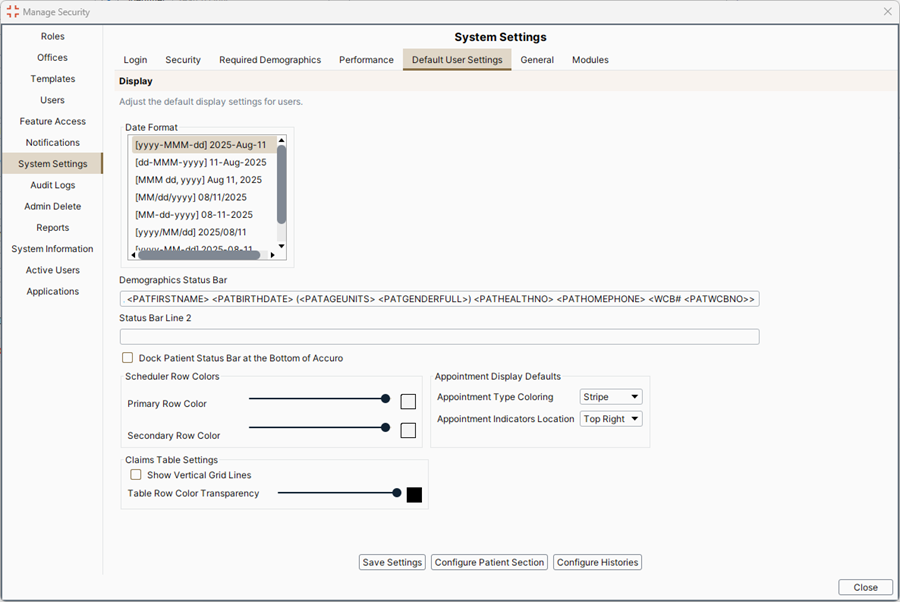 Default User Settings